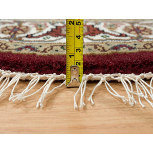3'4"x3'4" Mahogany Red, Tabriz Mahi with Fish Medallion Design, Pure Wool, 175 KPSI, Hand Knotted, Round, Oriental Rug FWR390558