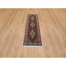 Load image into Gallery viewer, 2&#39;x8&#39;2&quot; Mahogany Red Tabriz Mahi with Fish Medallion Design, 175 KPSI, 100% Wool, Hand Knotted, Runner Oriental Rug FWR390576