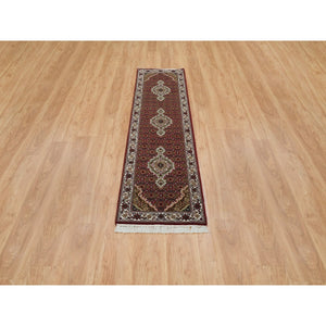 2'x8'2" Mahogany Red Tabriz Mahi with Fish Medallion Design, 175 KPSI, 100% Wool, Hand Knotted, Runner Oriental Rug FWR390576
