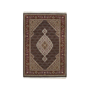 4'1"x6' Rich Black, Tabriz Mahi with Fish Medallion Design, 175 KPSI, Hand Knotted, 100% Wool, Oriental Rug FWR390606