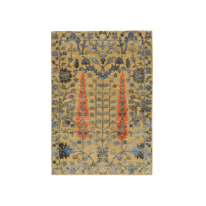 2'1"x3'1" Almond Brown, Hand Knotted Cypress Tree Design, Silk With Textured Wool, Mat Oriental Rug FWR390798