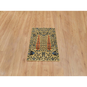 2'1"x3'1" Almond Brown, Hand Knotted Cypress Tree Design, Silk With Textured Wool, Mat Oriental Rug FWR390798