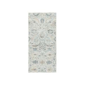 2'6"x6' Ivory, Sickle Leaf Design Silk with Textured Wool Hand Knotted Soft Pile, Runner Oriental Rug FWR390876