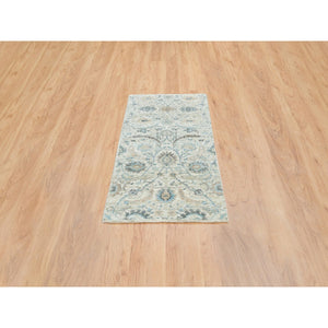 2'6"x6' Ivory, Sickle Leaf Design Silk with Textured Wool Hand Knotted Soft Pile, Runner Oriental Rug FWR390876
