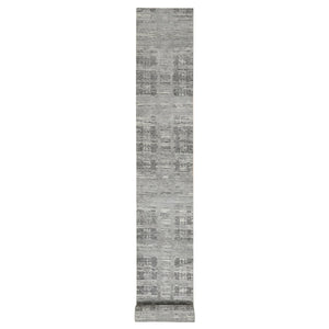 2'6"x25'9" Light Gray, Hand Knotted, Modern Design, Hand Spun Undyed Natural Wool, XL Runner Oriental Rug FWR390942
