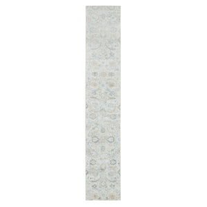 2'6"x14'2" Ivory, Sickle Leaf Design Soft Pile, Silk with Textured Wool Hand Knotted, Runner Oriental Rug FWR391044