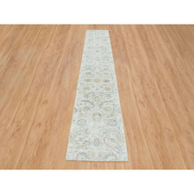 Load image into Gallery viewer, 2&#39;6&quot;x14&#39;2&quot; Ivory, Sickle Leaf Design Soft Pile, Silk with Textured Wool Hand Knotted, Runner Oriental Rug FWR391044