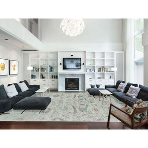 12'1"x18' Ivory, Sickle Leaf Design Soft Pile, Silk With Textured Wool Hand Knotted, Oversized Oriental Rug FWR391068