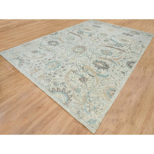 12'1"x18' Ivory, Sickle Leaf Design Soft Pile, Silk With Textured Wool Hand Knotted, Oversized Oriental Rug FWR391068