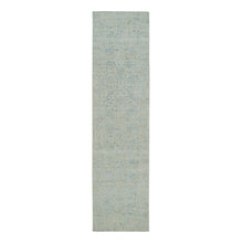 Load image into Gallery viewer, 2&#39;6&quot;x10&#39; Gray with Touches of Blue, Fine Jacquard Hand Loomed, Tabriz Design, Wool and Plant Based Silk Runner Oriental Rug FWR391152