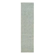 Load image into Gallery viewer, 2&#39;6&quot;x10&#39; Gray with Touches of Blue, Fine Jacquard Hand Loomed, Tabriz Design, Wool and Plant Based Silk Runner Oriental Rug FWR391152