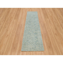 Load image into Gallery viewer, 2&#39;6&quot;x10&#39; Gray with Touches of Blue, Fine Jacquard Hand Loomed, Tabriz Design, Wool and Plant Based Silk Runner Oriental Rug FWR391152