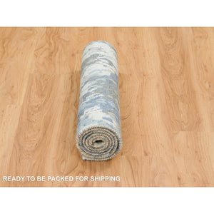 2'7"x6' Gray and Blue, Abstract Design Hi-Low Pile, Wool and Silk Hand Knotted, Runner Oriental Rug FWR391224