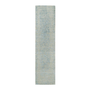 2'6"x10' Gray with Touches of Blue, Modern Jacquard Hand Loomed, Soft to the Touch Wool and Plant Based Silk, Runner Oriental Rug FWR391230
