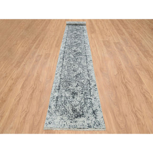 2'8"x20' Gray, Wool And Pure Silk Hand Knotted, Broken Persian Design, XL Runner Oriental Rug FWR391284