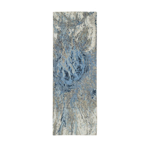 2'7"x8'1" Gray and Blue, Abstract Design Hi-Low Pile, Wool and Silk Hand Knotted, Runner Oriental Rug FWR391296