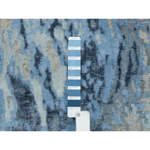 2'7"x8'1" Gray and Blue, Abstract Design Hi-Low Pile, Wool and Silk Hand Knotted, Runner Oriental Rug FWR391296