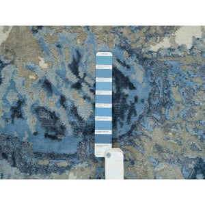 2'x3' Gray and Blue, Hi-Low Pile Wool and Silk, Hand Knotted Abstract Design, Mat Oriental Rug FWR391302