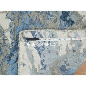 2'x3' Gray and Blue, Hi-Low Pile Wool and Silk, Hand Knotted Abstract Design, Mat Oriental Rug FWR391302