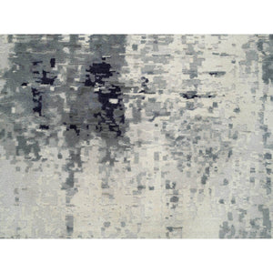 10'1"x14'1" Black with Touches of Ivory, Hand Knotted Modern Abstract Design, Wool and Silk, Oriental Rug FWR391320