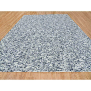 12'2"x15' Blue and Ivory, Pure Wool Hand Loomed, Modern Striae Design Soft Pile, Oversized Oriental Rug FWR391506