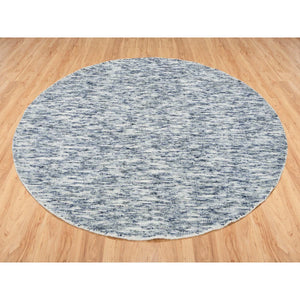 6'x6' Blue and Ivory, Soft to the Touch Pure Wool, Hand Loomed Modern Striae Design, Round Oriental Rug FWR391524