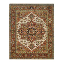 Load image into Gallery viewer, 7&#39;9&quot;x9&#39;9&quot; Ivory and Rust, Heriz with Classic Geometric Medallion Design, Thick and Plush, Pure Wool, Hand Knotted, Oriental Rug FWR391578