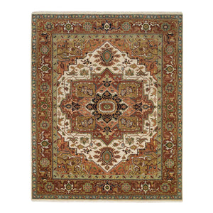 7'9"x9'9" Ivory and Rust, Heriz with Classic Geometric Medallion Design, Thick and Plush, Pure Wool, Hand Knotted, Oriental Rug FWR391578