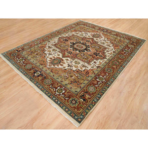 7'9"x9'9" Ivory and Rust, Heriz with Classic Geometric Medallion Design, Thick and Plush, Pure Wool, Hand Knotted, Oriental Rug FWR391578