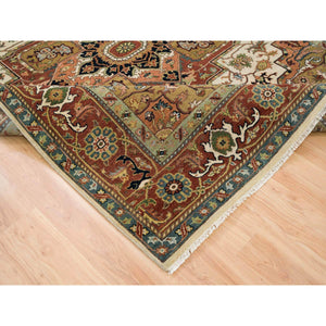 7'9"x9'9" Ivory and Rust, Heriz with Classic Geometric Medallion Design, Thick and Plush, Pure Wool, Hand Knotted, Oriental Rug FWR391578