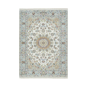 4'2"x6'3" Ivory, Nain with Center Medallion Flower Design, 250 KPSI, Natural Wool, Hand Knotted, Oriental Rug FWR391830