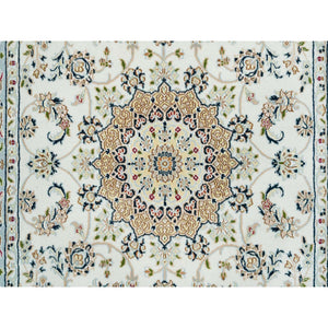 4'2"x6'3" Ivory, Nain with Center Medallion Flower Design, 250 KPSI, Natural Wool, Hand Knotted, Oriental Rug FWR391830