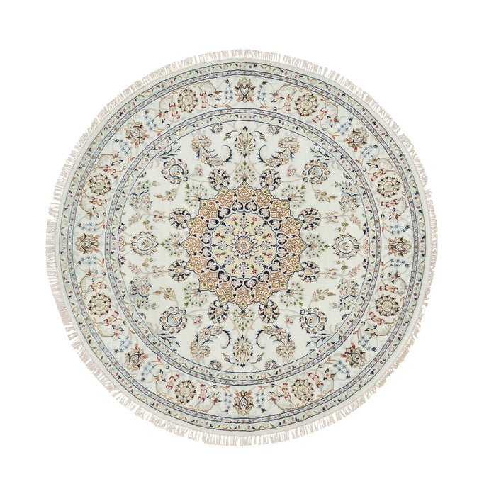6'x6' Ivory, 250 KPSI Soft Wool, Hand Knotted Nain with Center Medallion Flower Design, Round Oriental Rug FWR391842
