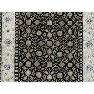 2'5"x4'7" Eerie Black, Hand Knotted Herati with All Over Fish Mahi Design, 250 KPSI Densely Woven, Pure Wool, Oriental Rug FWR391860