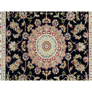 3'x5'2" Midnight Blue, Nain with Center Medallion Flower Design, 250 KPSI, Hand Knotted, Organic Wool, Oriental Rug FWR391896