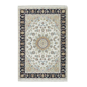 4'2"x6'5" Ivory, Nain with Center Medallion Flower Design, 250 KPSI Super Fine Weave, Extra Soft Wool Hand Knotted, Oriental Rug FWR391914