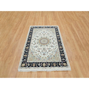4'2"x6'5" Ivory, Nain with Center Medallion Flower Design, 250 KPSI Super Fine Weave, Extra Soft Wool Hand Knotted, Oriental Rug FWR391914