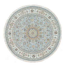 Load image into Gallery viewer, 7&#39;10&quot;x7&#39;10&quot; Light Blue, 250 KPSI Extra Soft Wool, Hand Knotted Nain with Center Medallion Flower Design, Round Oriental Rug FWR391980