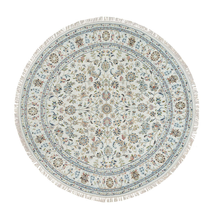 7'x7' Ivory, Nain with All Over Flower Design 250 KPSI, Soft Wool Hand Knotted, Round Oriental Rug FWR391992
