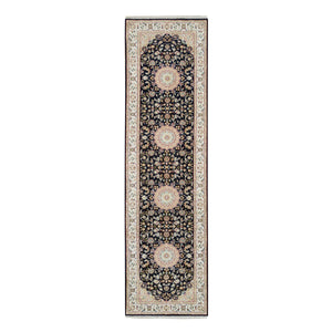 2'8"x10' Midnight Blue, Nain with Center Medallion Design, 250 KPSI, Hand Knotted, Natural Wool, Runner Oriental Rug, FWR392022