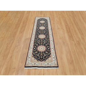 2'8"x10' Midnight Blue, Nain with Center Medallion Design, 250 KPSI, Hand Knotted, Natural Wool, Runner Oriental Rug, FWR392022