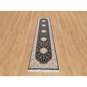 2'6"x11'10" Midnight Blue, Nain with Center Medallion Flower Design, 250 KPSI, Hand Knotted, 100% Wool, Runner Oriental Rug FWR392028