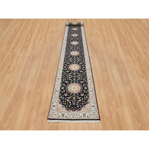 2'8"x19'2" Midnight Blue, Nain with Center Medallion Flower Design, 250 KPSI, Hand Knotted, Extra Soft Wool, XL Runner Oriental Rug FWR392046