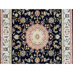 2'8"x19'2" Midnight Blue, Nain with Center Medallion Flower Design, 250 KPSI, Hand Knotted, Extra Soft Wool, XL Runner Oriental Rug FWR392046