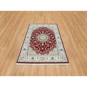 4'7"x6'8" Burgundy Red, Nain with Center Medallion Flower Design, 250 KPSI, Organic Wool, Hand Knotted, Oriental Rug FWR392076