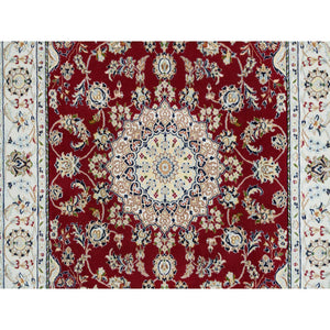 4'7"x6'8" Burgundy Red, Nain with Center Medallion Flower Design, 250 KPSI, Organic Wool, Hand Knotted, Oriental Rug FWR392076