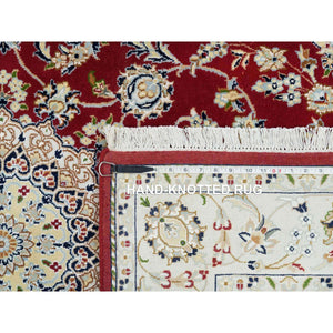 4'7"x6'8" Burgundy Red, Nain with Center Medallion Flower Design, 250 KPSI, Organic Wool, Hand Knotted, Oriental Rug FWR392076