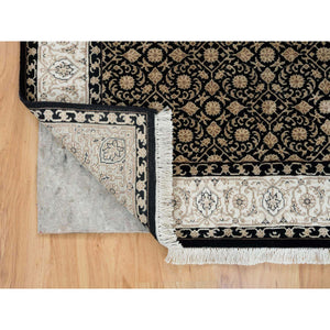 4'1"x6' Eerie Black, Hand Knotted Herati with All Over Fish Mahi Design, 250 KPSI Densely Woven, 100% Wool, Oriental Rug FWR392088