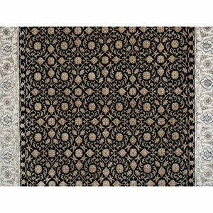 4'1"x6' Eerie Black, Hand Knotted Herati with All Over Fish Mahi Design, 250 KPSI Densely Woven, 100% Wool, Oriental Rug FWR392088