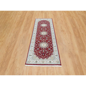 2'7"x8'2" Burgundy Red, Nain with Center Medallion Flower Design, 250 KPSI, Natural Wool, Hand Knotted, Runner Oriental Rug FWR392220